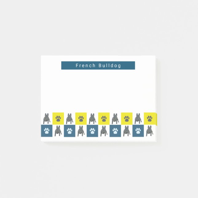 French Bulldog Dog & Paw Yellow & Blue Grid Post-it Notes (Front)