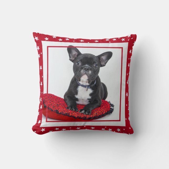 French Bulldog Dog Photo Red Star Christmas Cushion (Front)