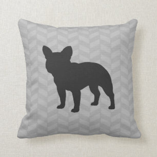 French Bulldog Dog Silhouette Grey Herringbone Cushion