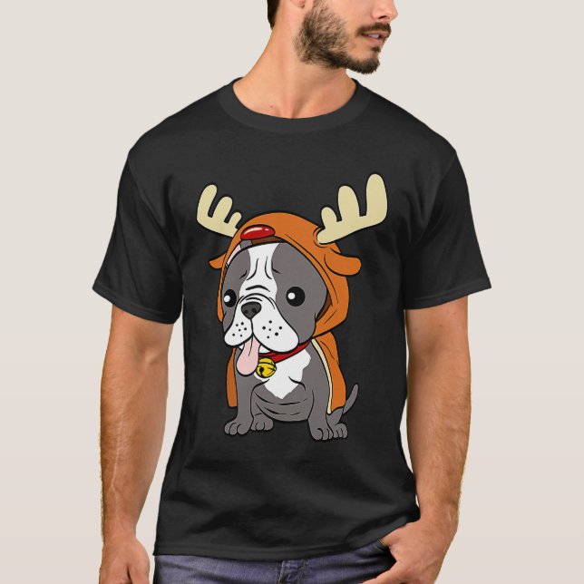 French Bulldog Dressed Up Reindeer Dogs Xmas T-Shirt (Front)