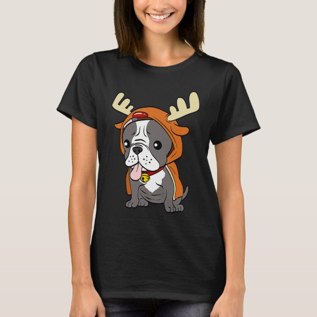 French Bulldog Dressed Up Reindeer Dogs Xmas T-Shirt (Front)