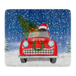 French Bulldog Driving Car In Snow Christmas Cutting Board