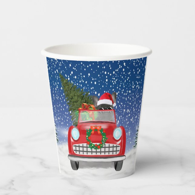 French Bulldog Driving Car In Snow Christmas Paper Cups (Front)