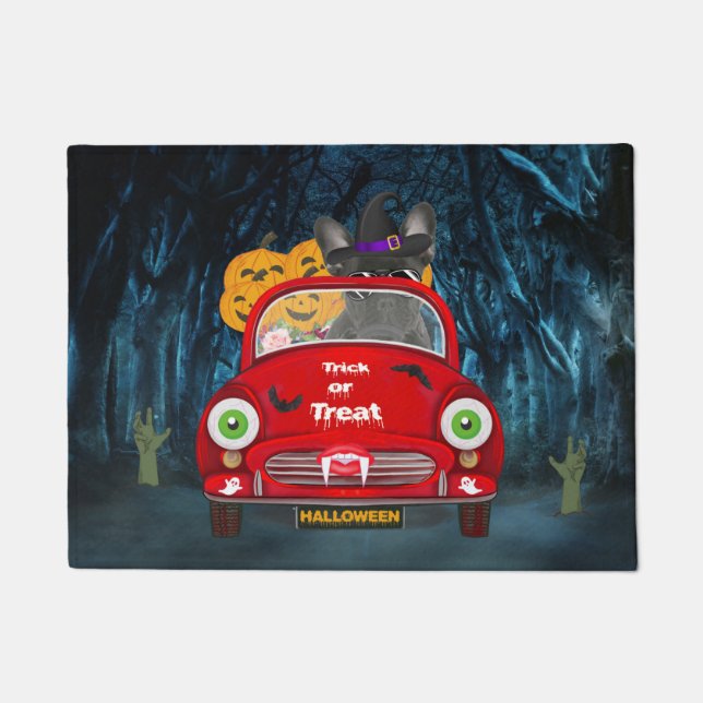 French Bulldog Driving Car Scary Halloween Doormat (Front)