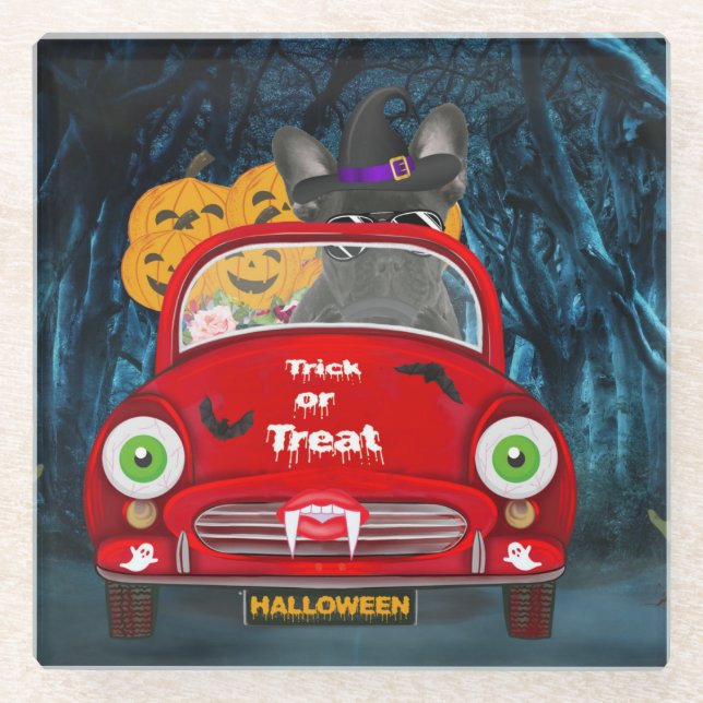 French Bulldog Driving Car Scary Halloween Glass Coaster (Front)