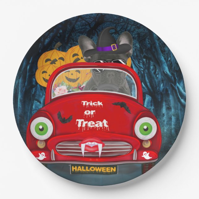French Bulldog Driving Car Scary Halloween Paper Plate (Front)