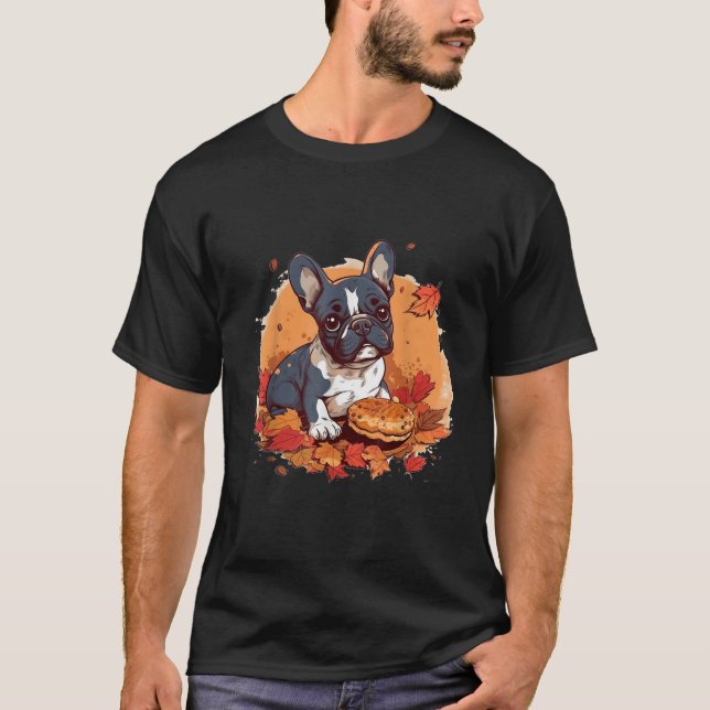 French Bulldog Eating Pumpkin Thanksgiving Day Dog T-Shirt (Front)
