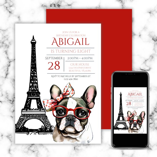 French Bulldog Eiffel Tower Paris Puppy Birthday Invitation (French Bulldog Eiffel Tower Paris Puppy Birthday Invitation)