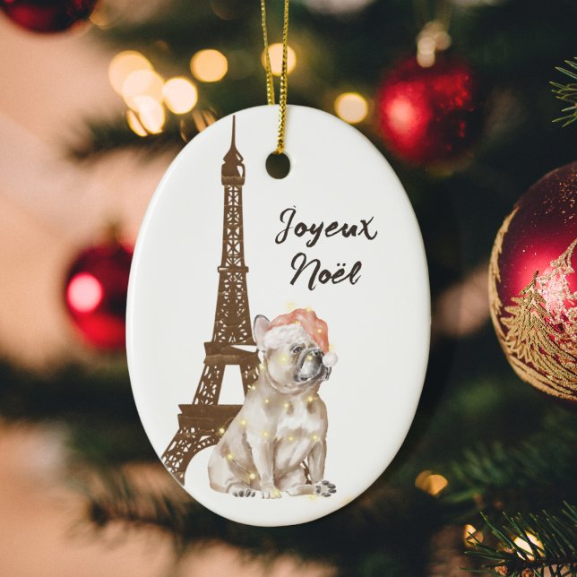 French Bulldog Eiffel Tower Photo Paris Christmas Ceramic Ornament (Creator Uploaded)