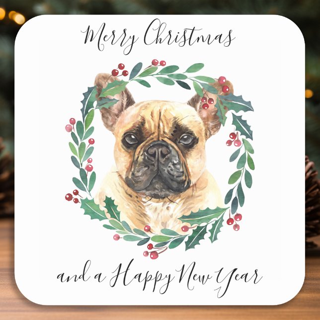 French Bulldog Elegant Dog Merry Christmas Square Sticker (Creator Uploaded)