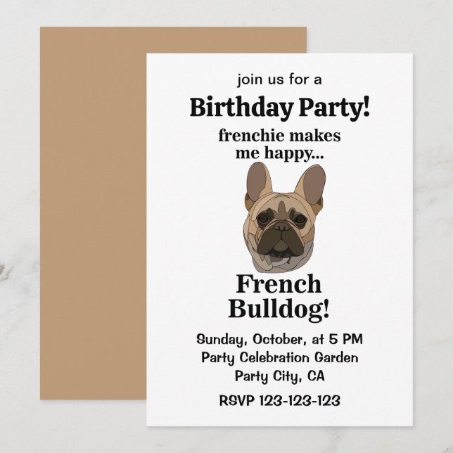 French Bulldog Face Birthday Party Invitation (Front/Back)