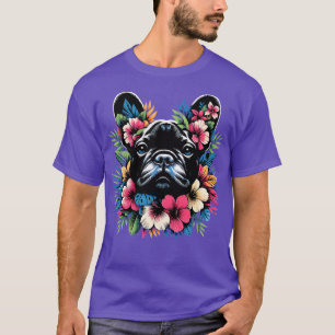 French bulldog face silhouette and colourful tropi T-Shirt