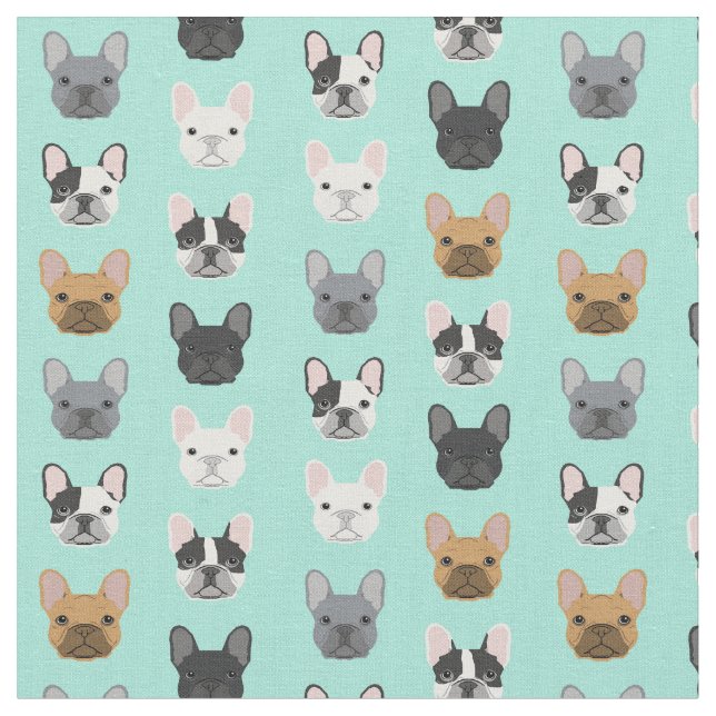French Bulldog Faces Bright Mint Fabric (Close Up)
