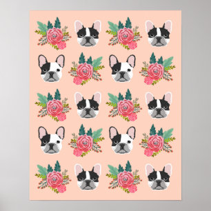 French Bulldog Faces Floral Dog Art Poster