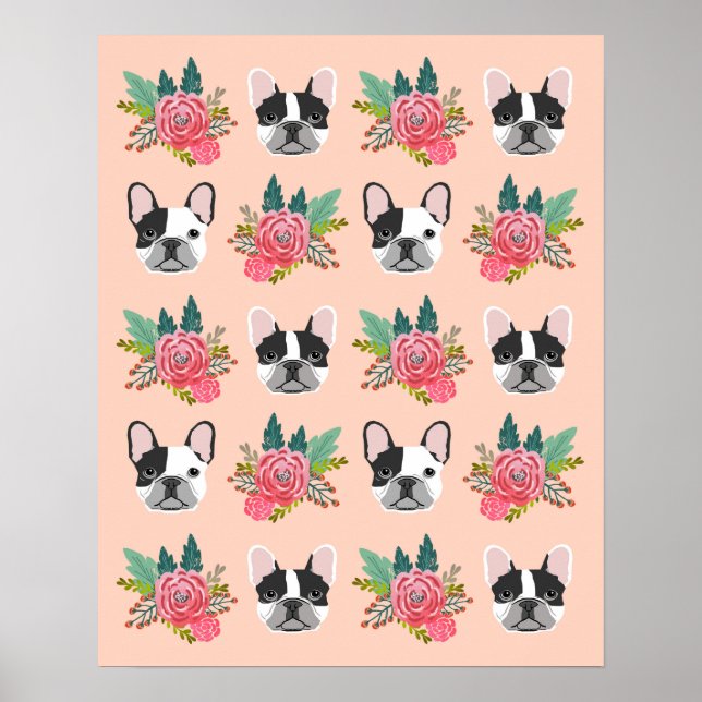 French Bulldog Faces Floral Dog Art Poster (Front)