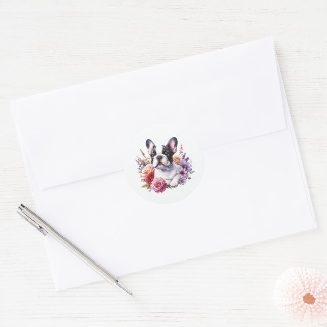 French Bulldog Floral Classic Round Sticker (Envelope)
