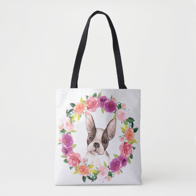 French Bulldog, Floral Wreath Tote Bag (Front)
