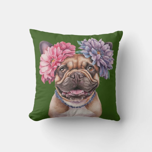 French Bulldog Flower Crown Watercolor Print Cushion (Front)