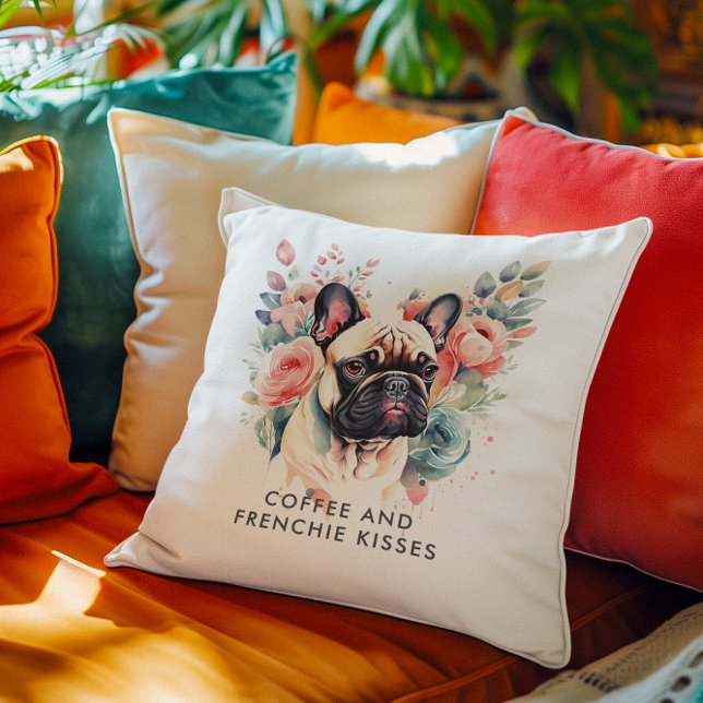French Bulldog Flowers Coffee and Frenchie Kisses Cushion (Creator Uploaded)