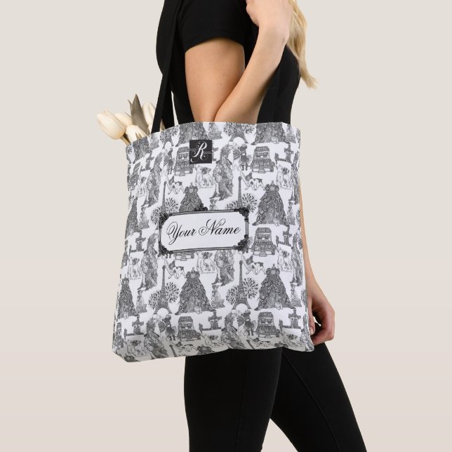 FRENCH BULLDOG Frenchie Black Toile w/Custom Name Tote Bag (Close Up)
