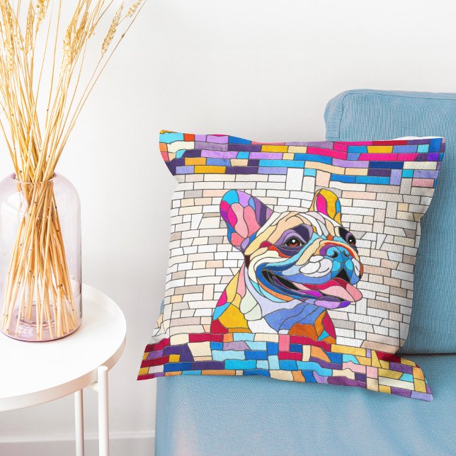 French Bulldog -Frenchie - colourful mosaic Cushion (Creator Uploaded)