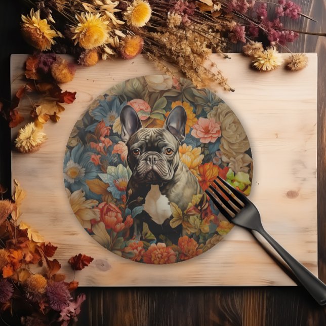 French Bulldog Frenchie Garden Tapestry Birthday Paper Plate (Creator Uploaded)