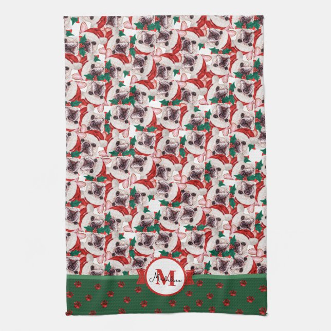 French Bulldog Frenchie Monogram Christmas Dog Tea Towel (Vertical)