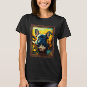 French Bulldog Frenchie Painting Sunflower Flower  T-Shirt