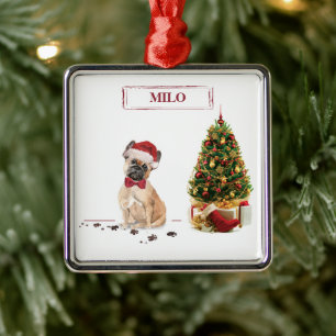 French Bulldog Funny Christmas Dog with Tree Metal Ornament
