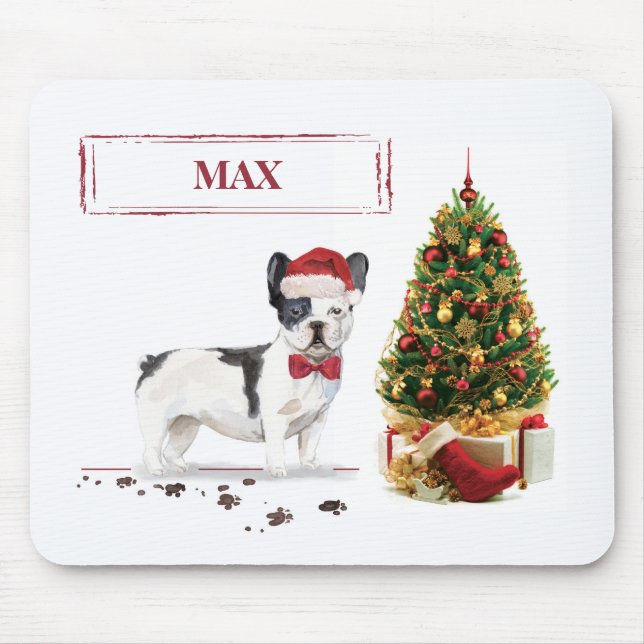 French Bulldog Funny Christmas Dog with Tree Mouse Pad (Front)