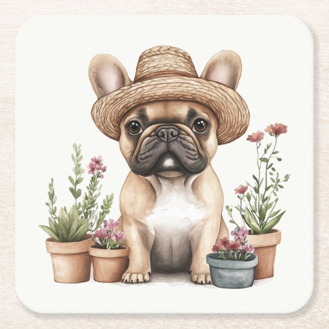 French Bulldog Gardening Flower Pots Square Paper Coaster (Front)