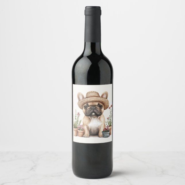 French Bulldog Gardening Flower Pots Wine Label (Front)