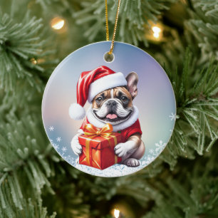 French Bulldog Geschenk mit Schleife Christmas Ceramic Ornament