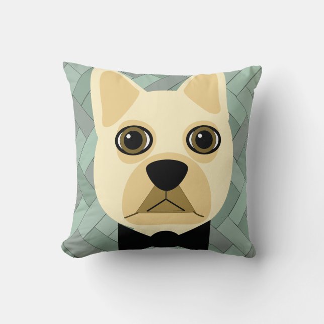 French Bulldog, Green Herringbone Cushion (Front)