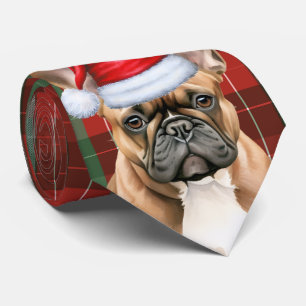 French Bulldog Green Red Holiday Plaid Christmas Tie