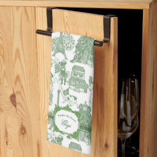 FRENCH BULLDOG Green Toile Tea Towel