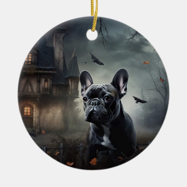 French Bulldog Halloween Scary Ceramic Ornament (Front)
