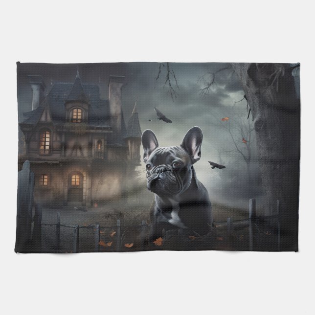 French Bulldog Halloween Scary Tea Towel (Horizontal)