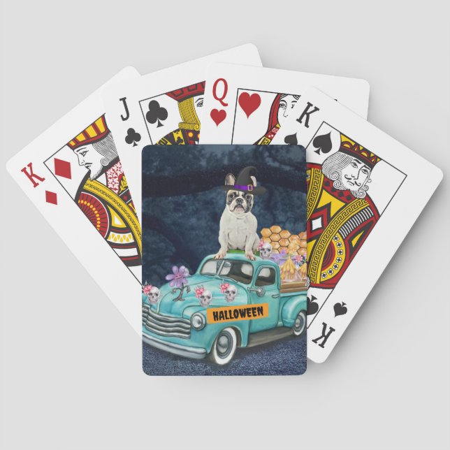 French Bulldog Halloween Truck Scary Night Playing Cards (Back)