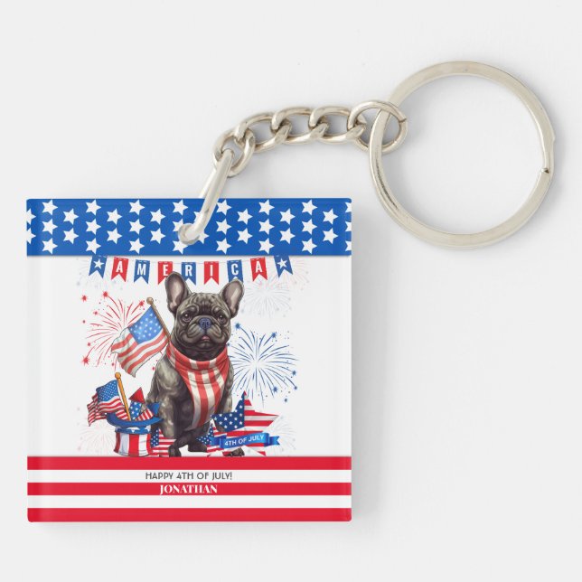 French Bulldog Happy 4Th Of July America Patriotic Key Ring (Back)