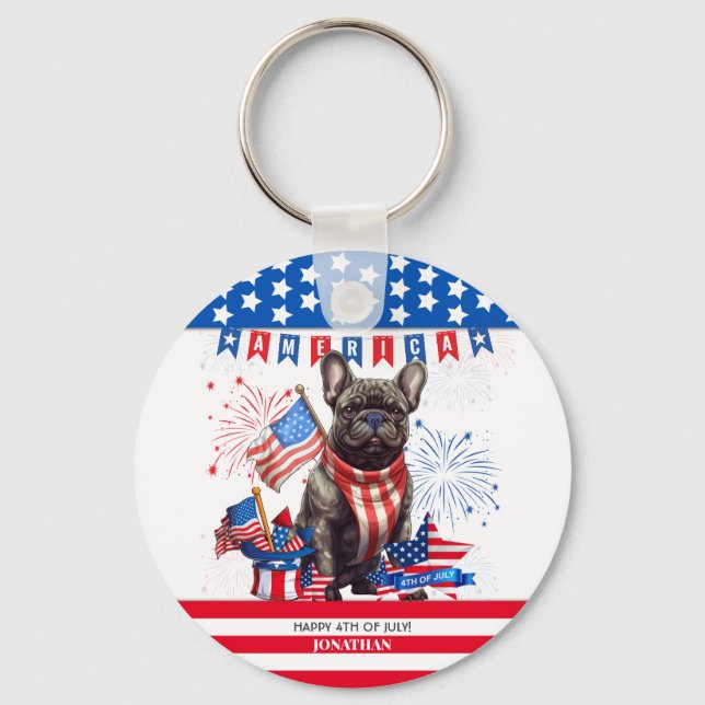 French Bulldog Happy 4Th Of July America Patriotic Key Ring (Front)