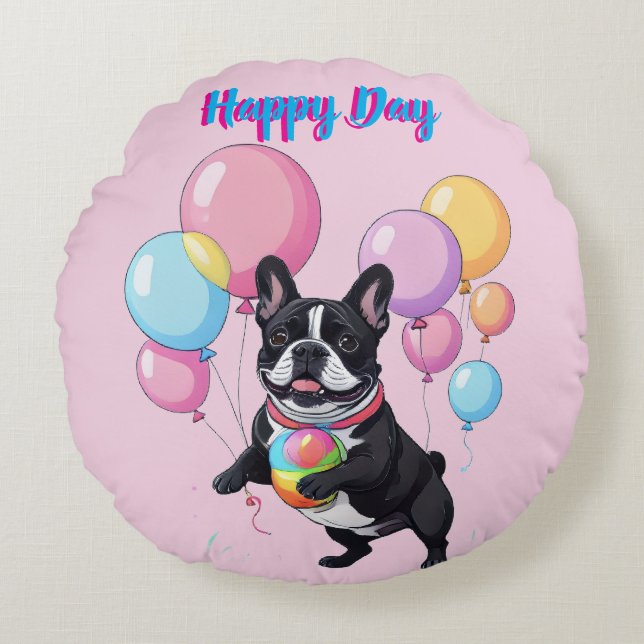French Bulldog Happy Day Französische Bulldogge  Round Cushion (Front)