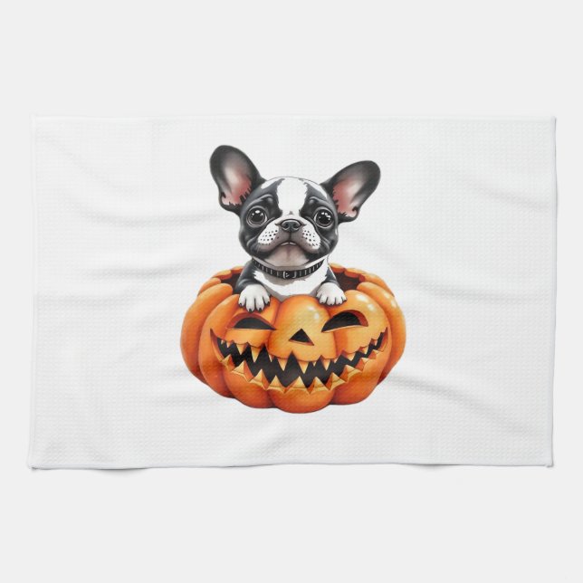 French Bulldog Happy Halloween pumpkin Classic T-S Tea Towel (Horizontal)