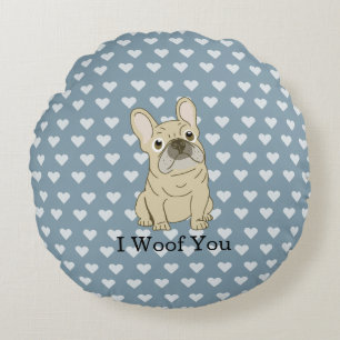 French Bulldog hearts, I Woof You Round Cushion