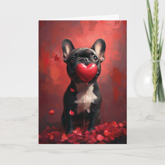 French Bulldog Holding Heart Balloon Valentine's  Card (Front)