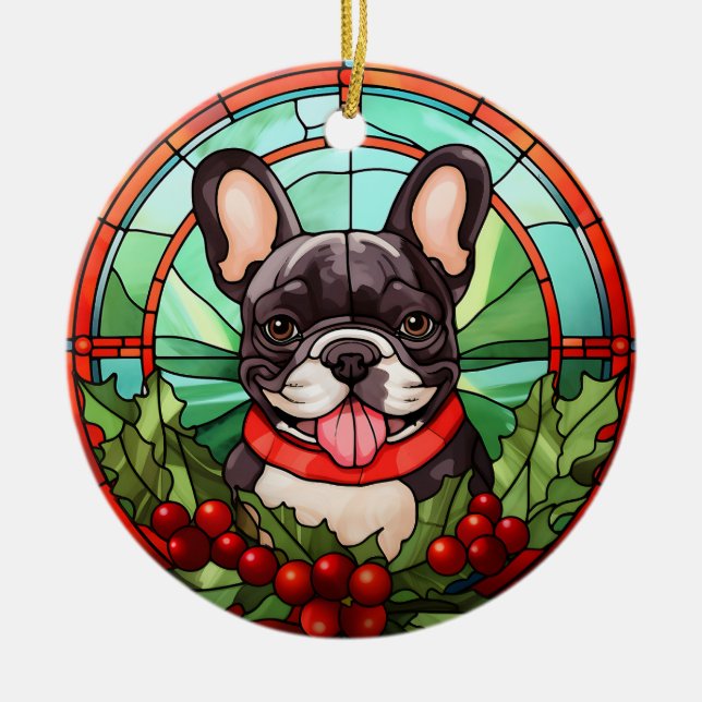French Bulldog Holly Berry Wreath Christmas Ceramic Ornament (Front)