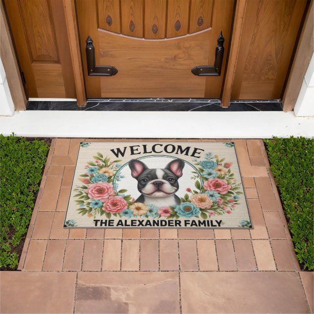 French Bulldog Home Sweet, Floral Framed Welcome Doormat (Outdoor)