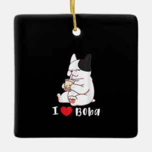 french bulldog i love boba bubble milk tea gift ceramic ornament