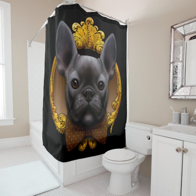 French bulldog illustration, blue shower curtain (In Situ)
