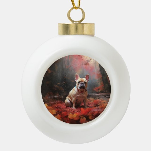 French Bulldog  in Autumn Leaves Fall Inspire  Ceramic Ball Christmas Ornament (Front)